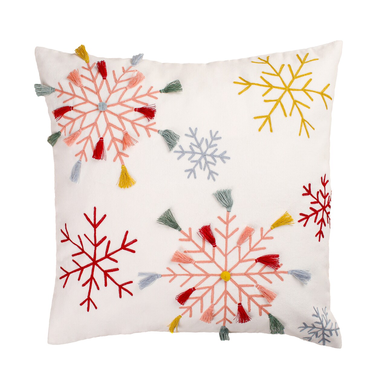 HGTV Home Collection Velvet Snowflake Embroidery Pillow With Polyfill, White, 18 in